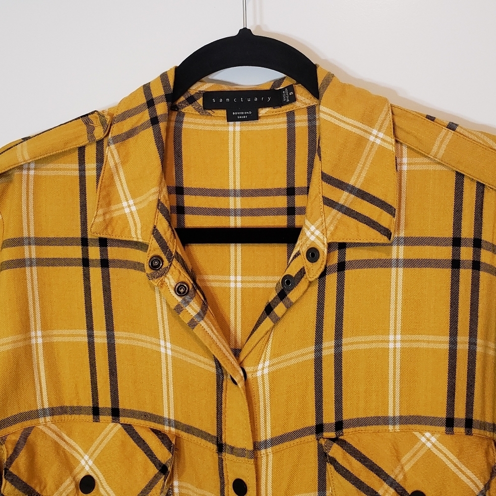 Sanctuary Plaid Boyfriend Light Flannel Snap Down Mustard Black White Si… - Picture 6 of 14